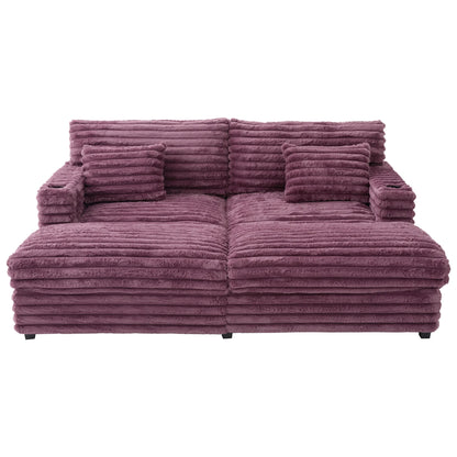 Oversized Double Chaise Lounge, Faux Fur Upholstered Deep Seat Sofa with 2 Pillows, 2 Cupholders, and Dual USB Ports