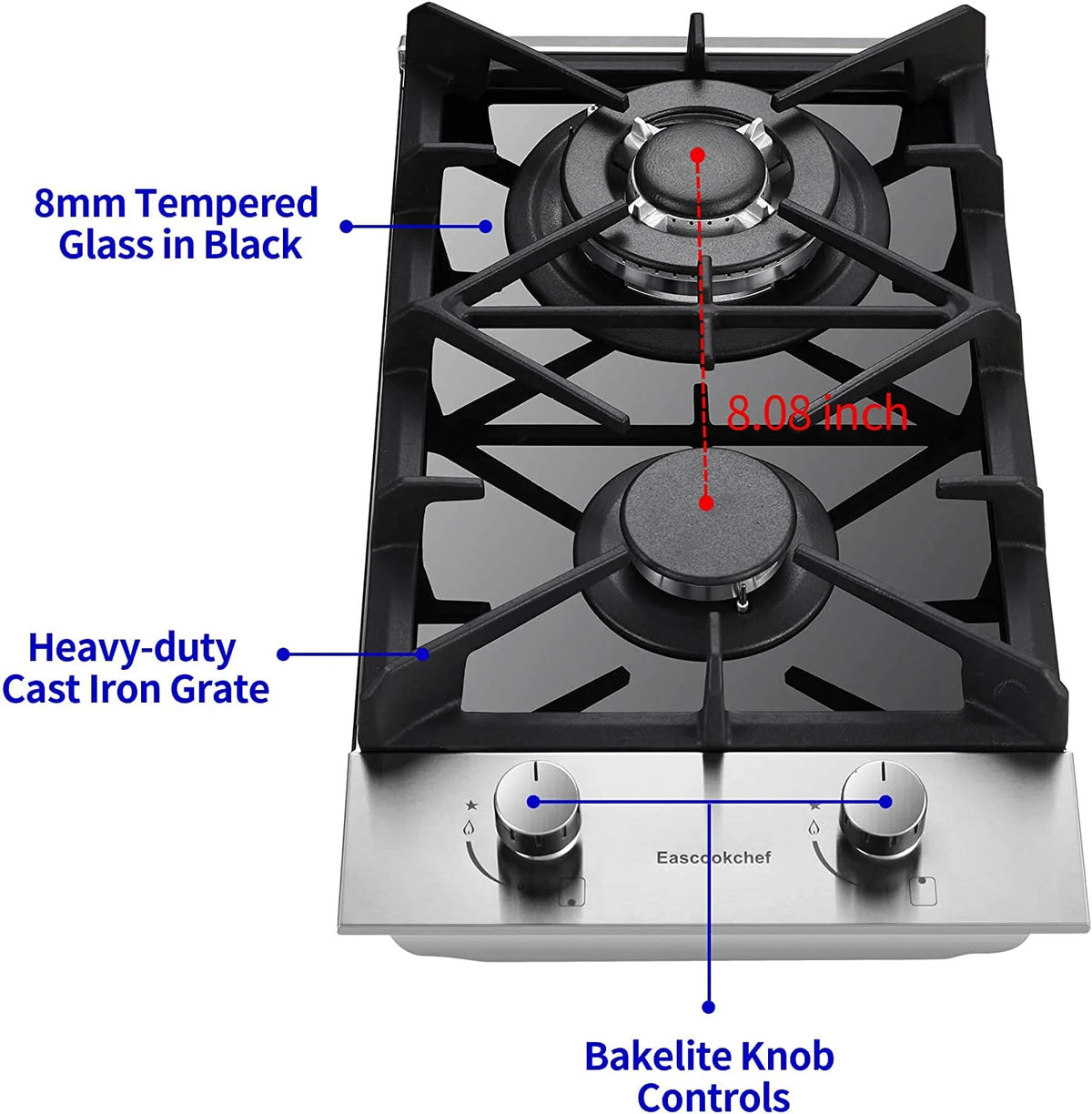 Gas Cooktop 12 inch Eascookchef Bulit-in Gas Stove Top 2 Burners NG/LPG Convertible Dual Burners