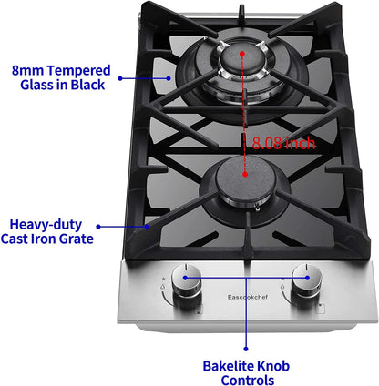 Gas Cooktop 12 inch Eascookchef Bulit-in Gas Stove Top 2 Burners NG/LPG Convertible Dual Burners