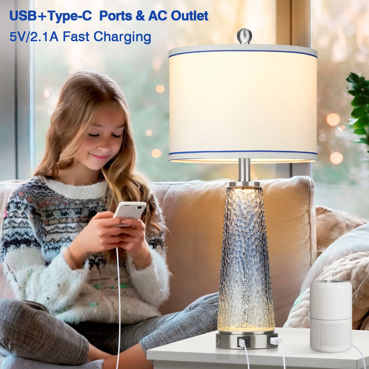 Cinkeda Modern Table Lamp Set of 2 for Bedroom Living Room with USB A+C Ports AC Outlet Gradient Grey Glass Nightlight Nightstand Bedside Lamps