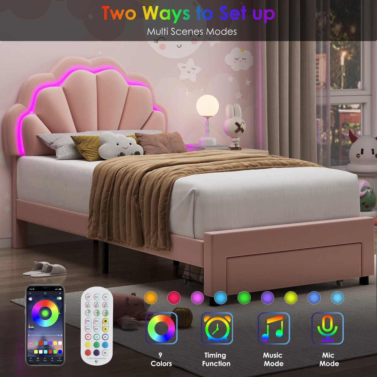 Homfa Twin Bed Frame with Storage & LED Light, Velvet Upholstered Platform Twin Bed with Adjustable Petal Headboard, Beige