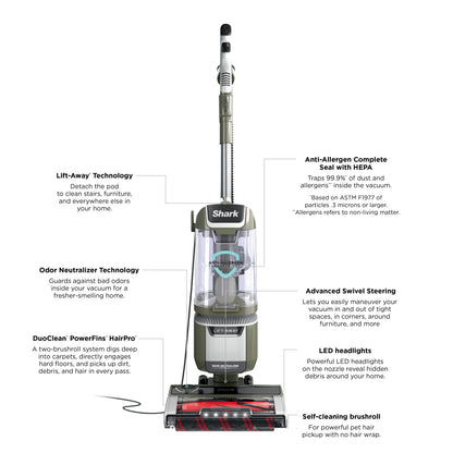 Shark Upright Vacuum, Rotator Pet Lift-Away ADV, Pet Friendly, Bagless, DuoClean PowerFins HairPro Brushroll, HEPA Filter, Hard Floor and Carpet, Swivel Steering, LED Lights, LA700, Sage