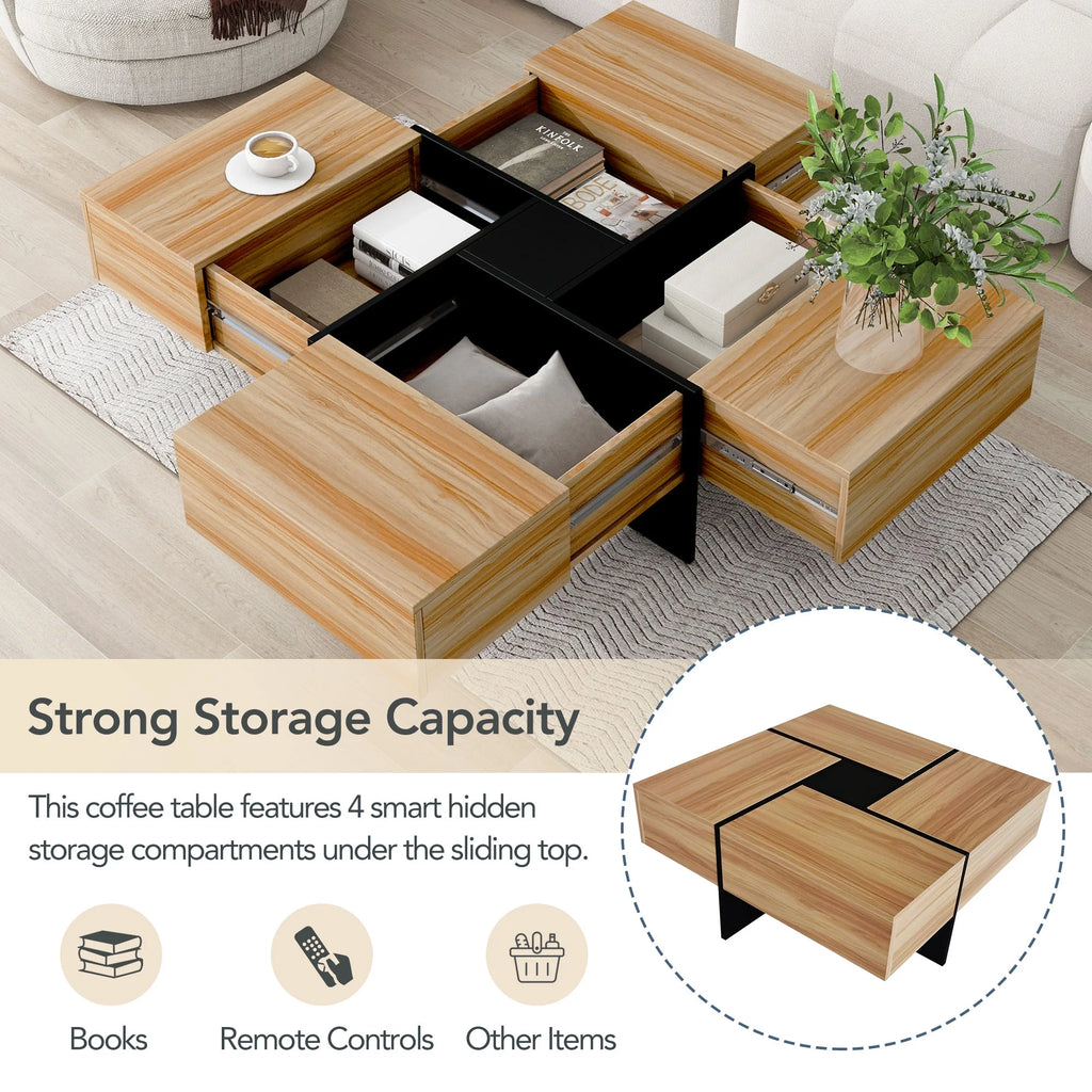 Coffee Table with 4 Hidden Storage Compartments, Cocktail Table with Extendable Sliding Tabletop