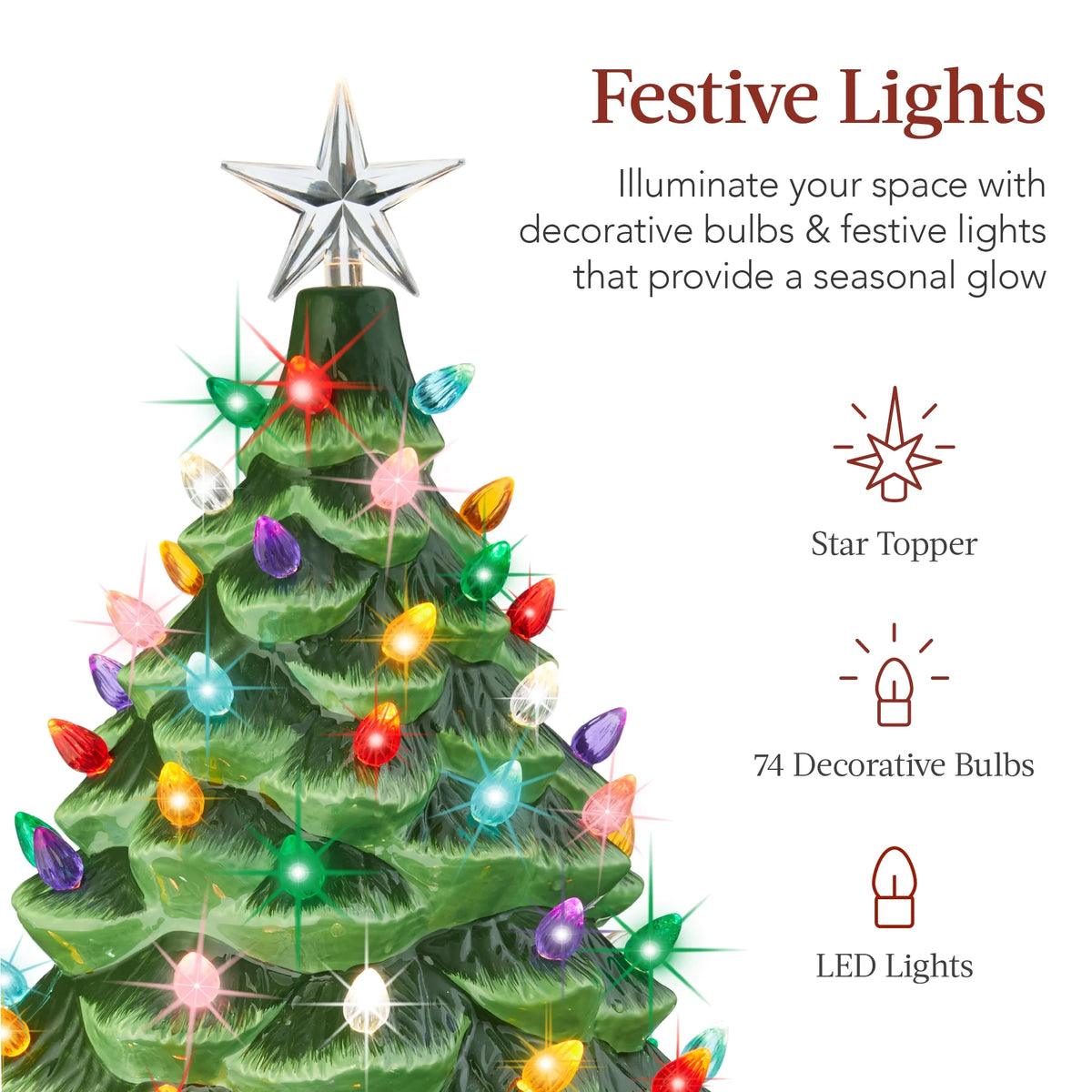 Best Choice Products 24in X-Large Pre-Lit Ceramic Christmas Tree Decor w/ 74 Multicolor Bulbs, LED Light - Green
