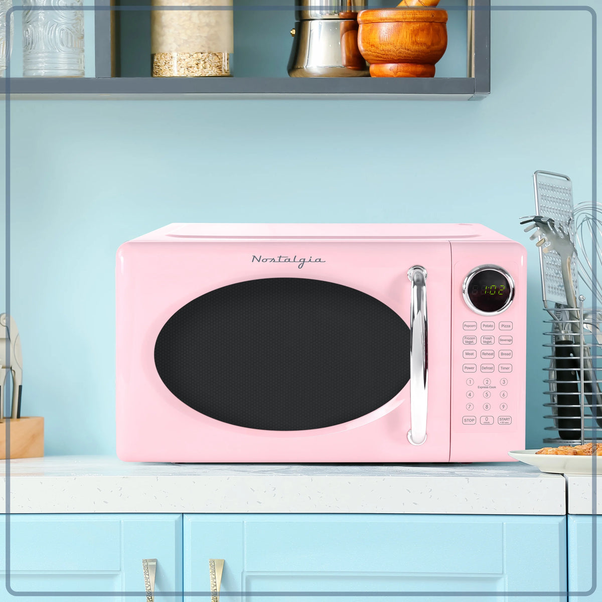 Nostalgia Retro Microwave Oven - 0.7 Cu Ft & 700-Watt Countertop Microwave with Glass Turntable, Child Safety Lock, 8 Auto-Cook Programs & Digital Clock - Aqua