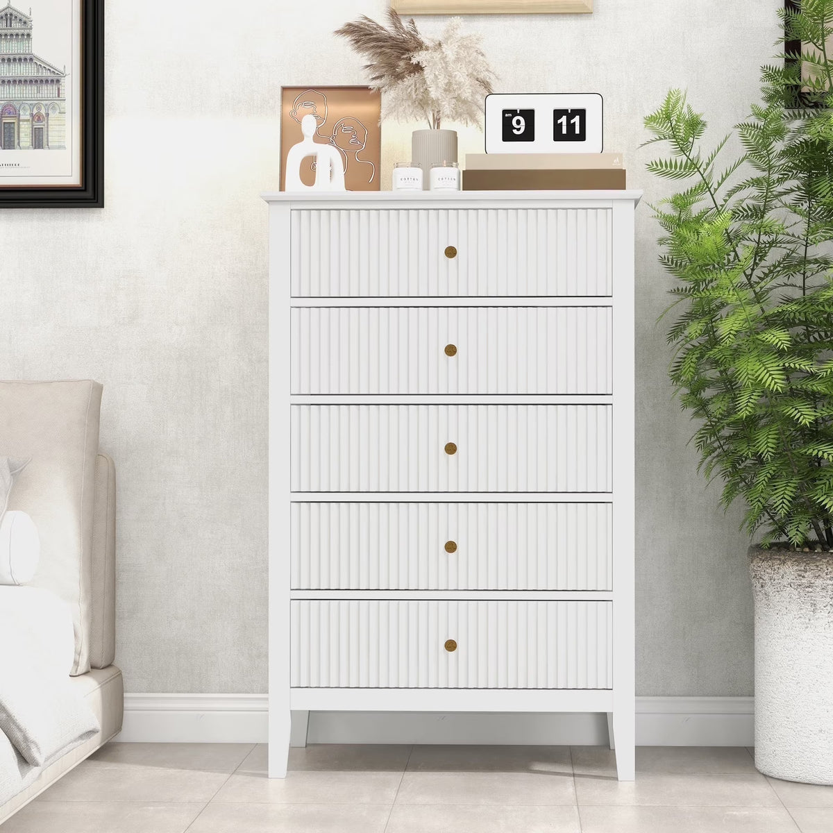 May Color Large White 3 Drawer Dresser Set of 2 with Fluted Panel, Modern Chest of Drawers with Silent Slide Drawers, Wood Accent Nightstand with Storage for Bedroom Living Room, Hallway