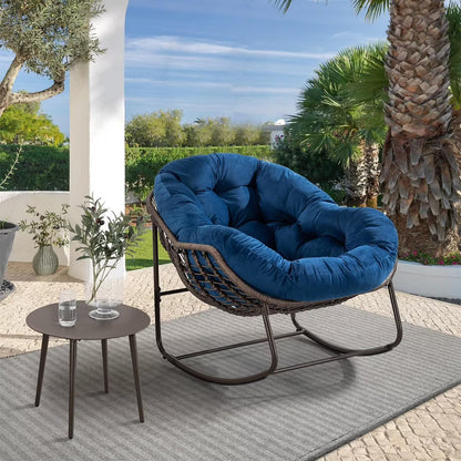 Outdoor Papasan Rocking Chair, Patio Oversized Wicker Egg Rocking Chair, Indoor & Outdoor Comfy Rocker Chair with Thick Cushion, Modern Lounge Chair for Front Porch, Garden, Backyard, Grey