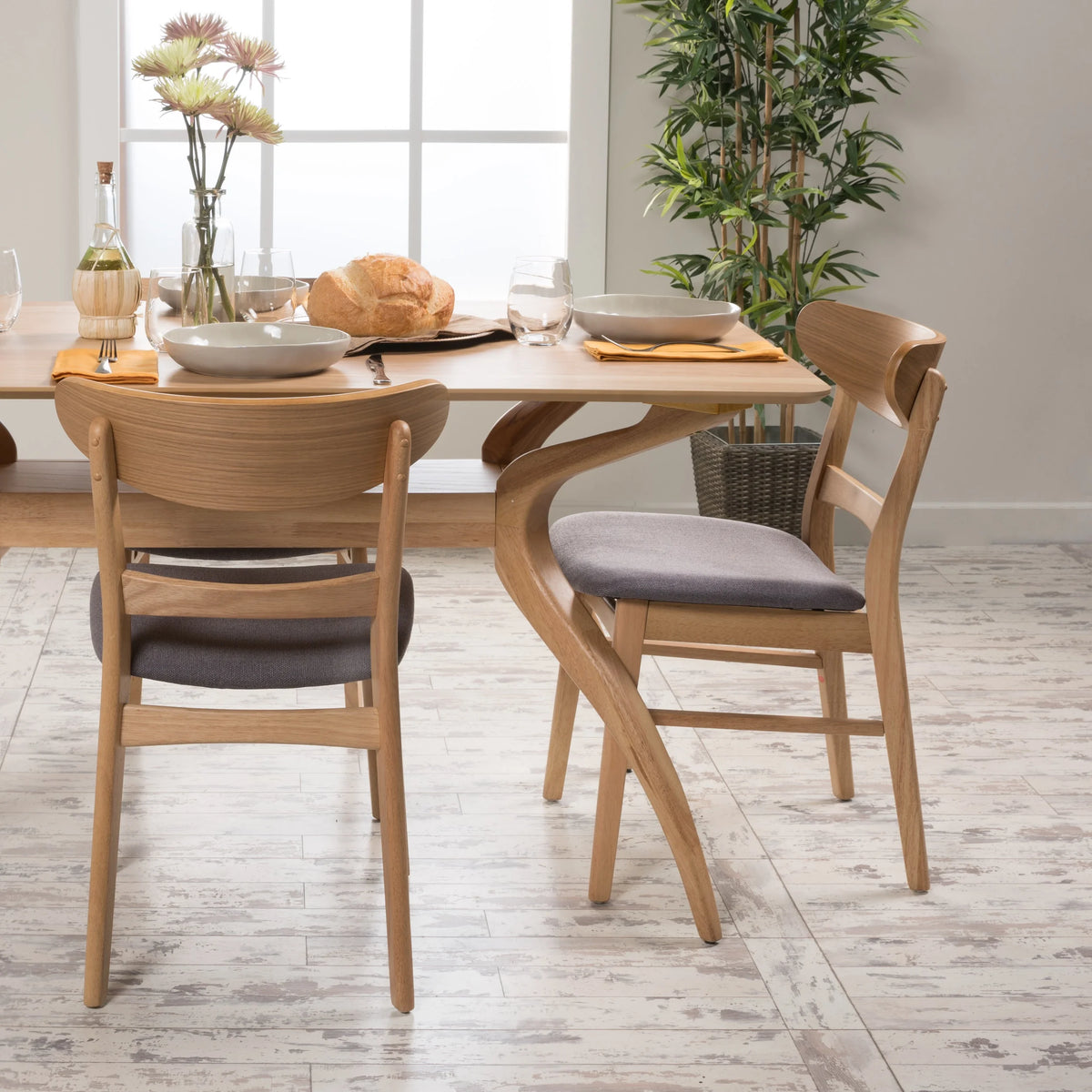 GDFSTUDIO Mid Century Modern Fabric Upholstered Rubberwood Dining Chairs, Set of 2, Dark Gray and Walnut
