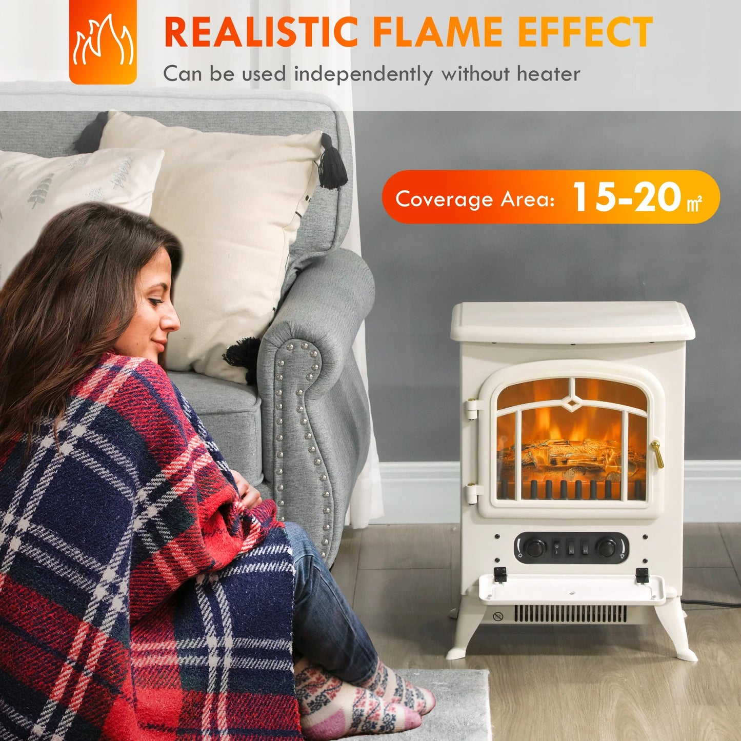 HOMCOM Electric Fireplace Heater with Realistic LED Flames Beige