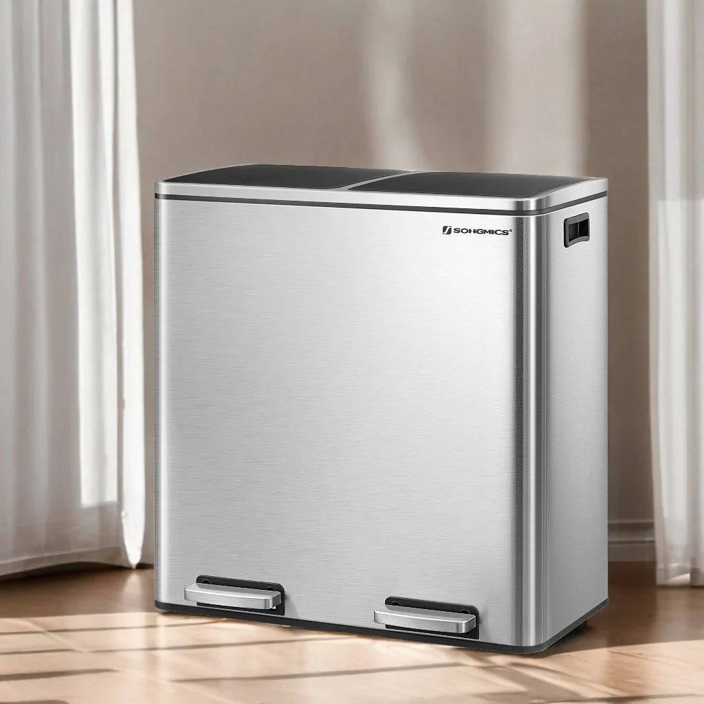 16 Gallon Dual Trash Can, Rubbish Bin and 15 Trash Bags, Metal, Almond Color