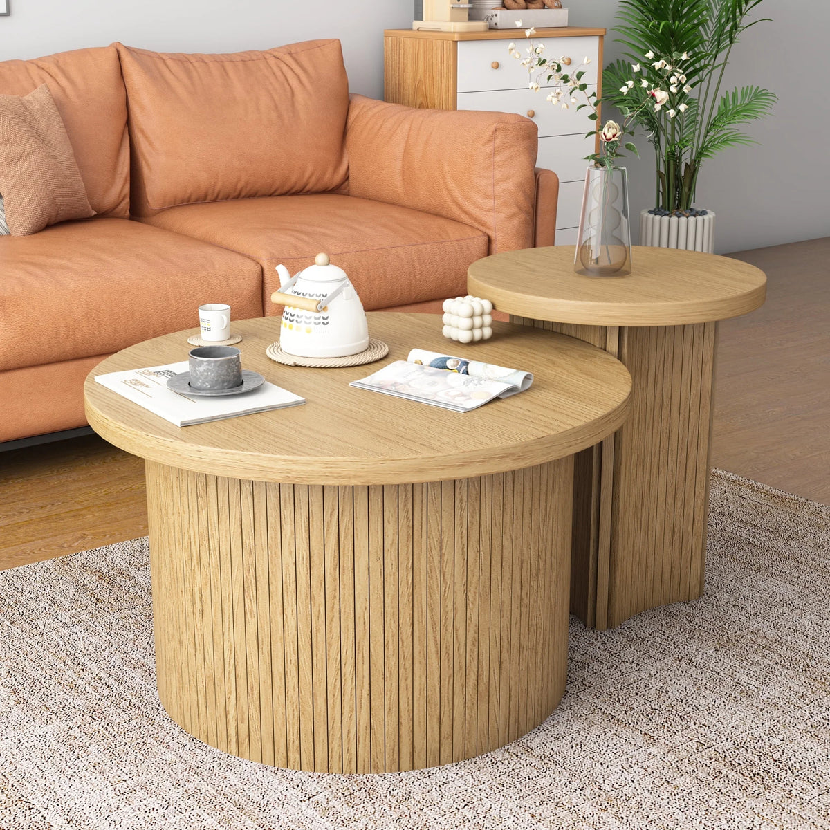 Nesting Coffee Table Set of 2, Wooden Round Coffee Table, Modern Circle Side Table, Accent End Side Table for Living Room, Office, Balcony