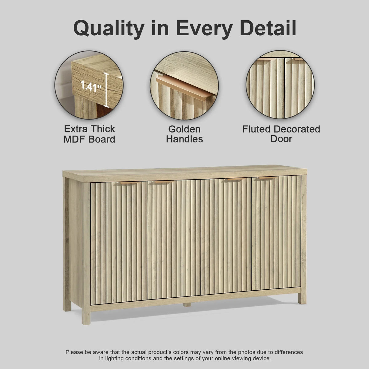 OAKHAM Fluted Sideboard Buffet Cabinet with 4 Doors, Storage Credenza with Adjustable Shelves, Modern Accent Cabinet Console, Sunwashed Ash Oak