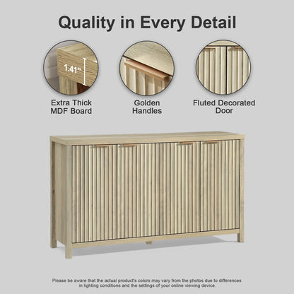 OAKHAM Fluted Sideboard Buffet Cabinet with 4 Doors, Storage Credenza with Adjustable Shelves, Modern Accent Cabinet Console, Sunwashed Ash Oak