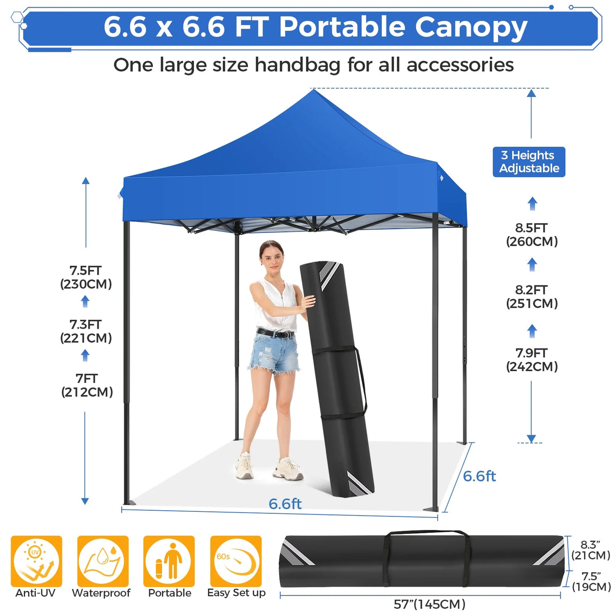 SANOPY 6.6 x 6.6 FT Pop Up Canopy Tent, Heavy Duty Canopy Easy Set up All Weather Waterproof Outdoor Canopy Tent for Parties, Beach, Garden, Camping with 1 Handbag, 3 Adjustable Heights, UPF50+