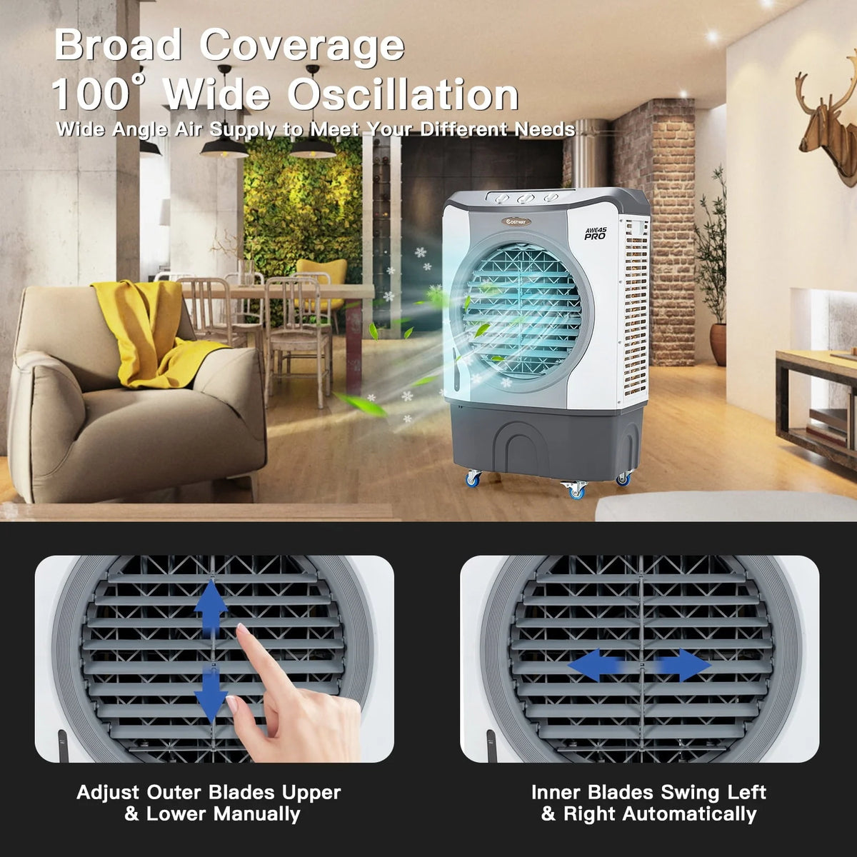 45L Evaporative Air Cooler 3-in-1 Swamp Cooler w/Large Water Tank & Washable Filter