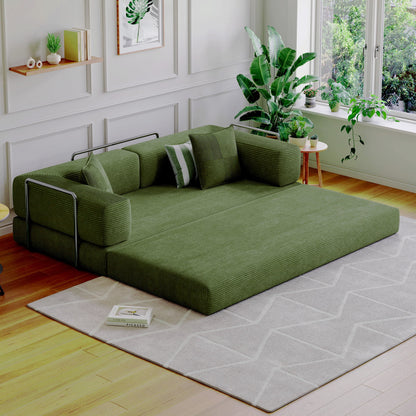 Convertible Sleeper Sofa Bed,Compressed Floor Boneless Couch,Modular Modern Corduroy Sofa for Living Room Bedroom -with Fixed-Shape Frame and Support Armrest,Easy Assembly(Green)