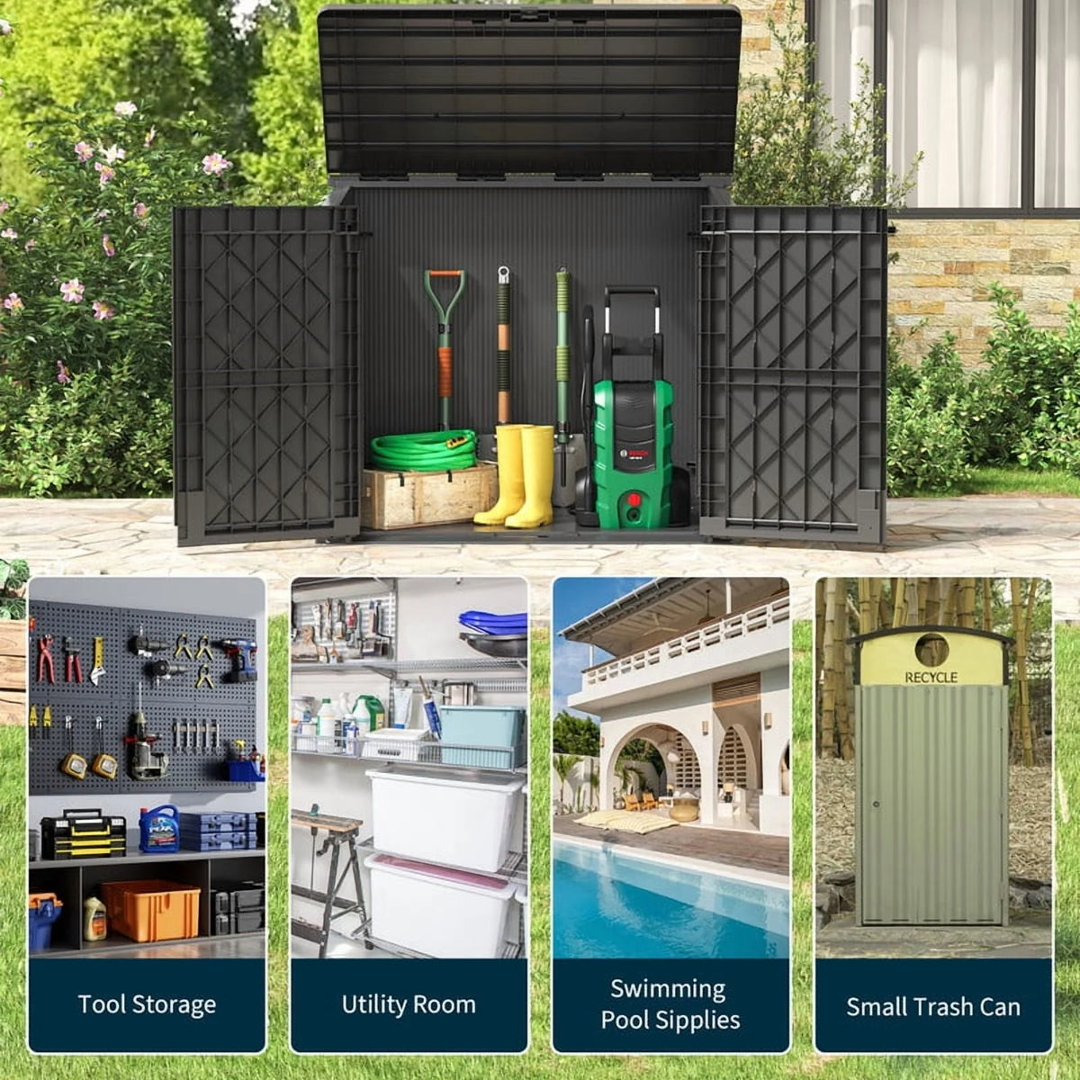 LHBCraft Outdoor Resin Storage Shed, 34 Cu. Ft. Weather-Resistant Garden Storage Box, Extra-Large Lockable Waterproof Shed for Bikes, Lawnmowers, and Garden Tools