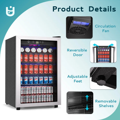 EUHOMY 145 Can Beverage Refrigerator and Mine Cooler with Glass Door with Adjustable Shelves
