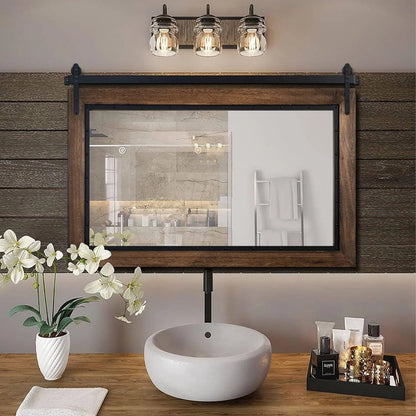 COSMOGO Farmhouse Barn Door Style Natural Wood Bathroom Vanity Wall Mirror 24"x32"