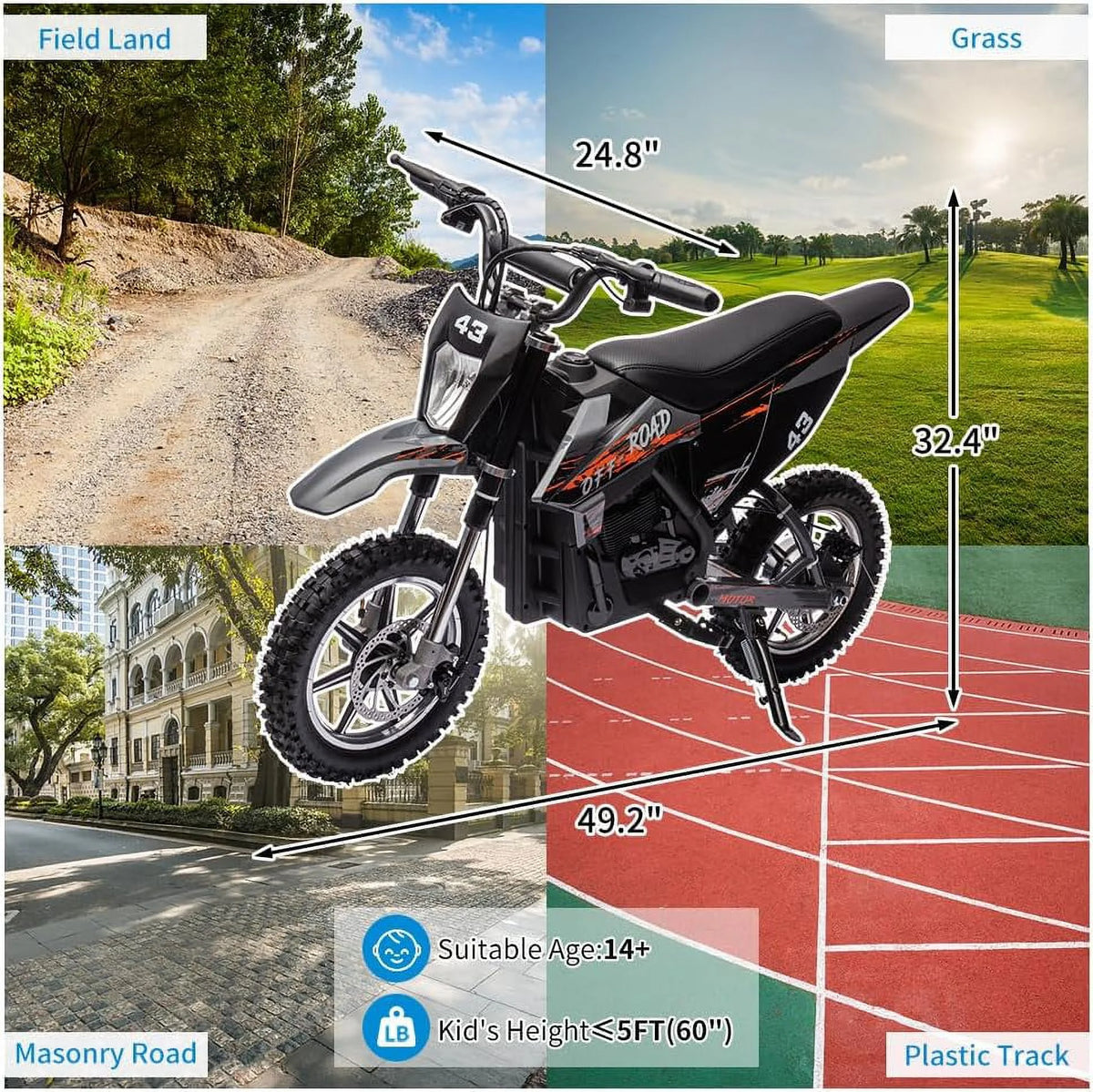 Nasitip Electric 350W Dirt Bike for Kids 8-16 year - Black