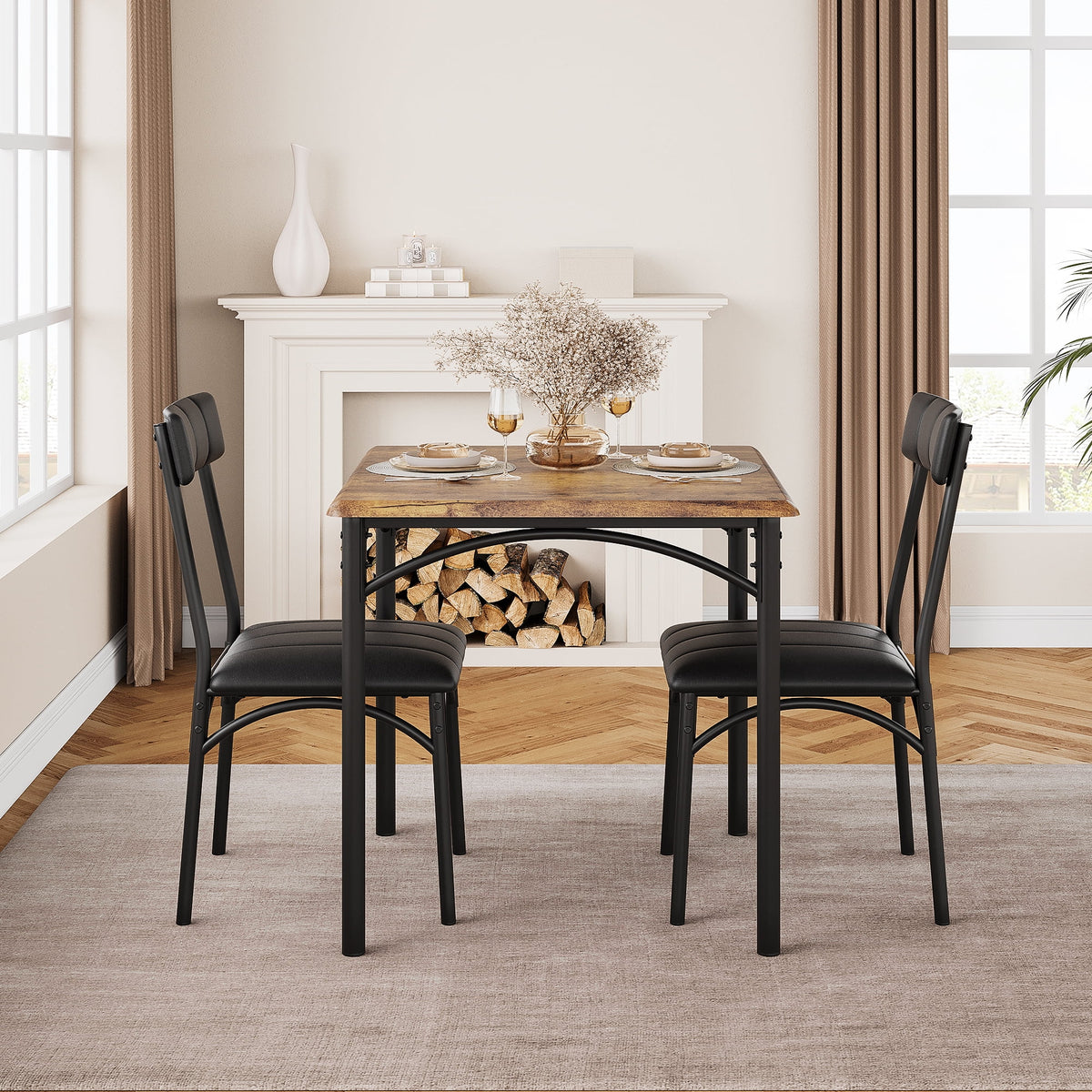 3 Piece Dining Table Set, Modern Industrial Table and Chairs Set for Home Kitchen, Kitchen Table Set for Small Space, Apartment, Rustic Gray