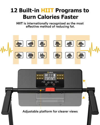 UREVO Folding Treadmill, 2.25HP Portable Mini Treadmills for Home Office, Compact Threadmill with 12 HIIT Modes, LCD Display, 265 lbs Capacity