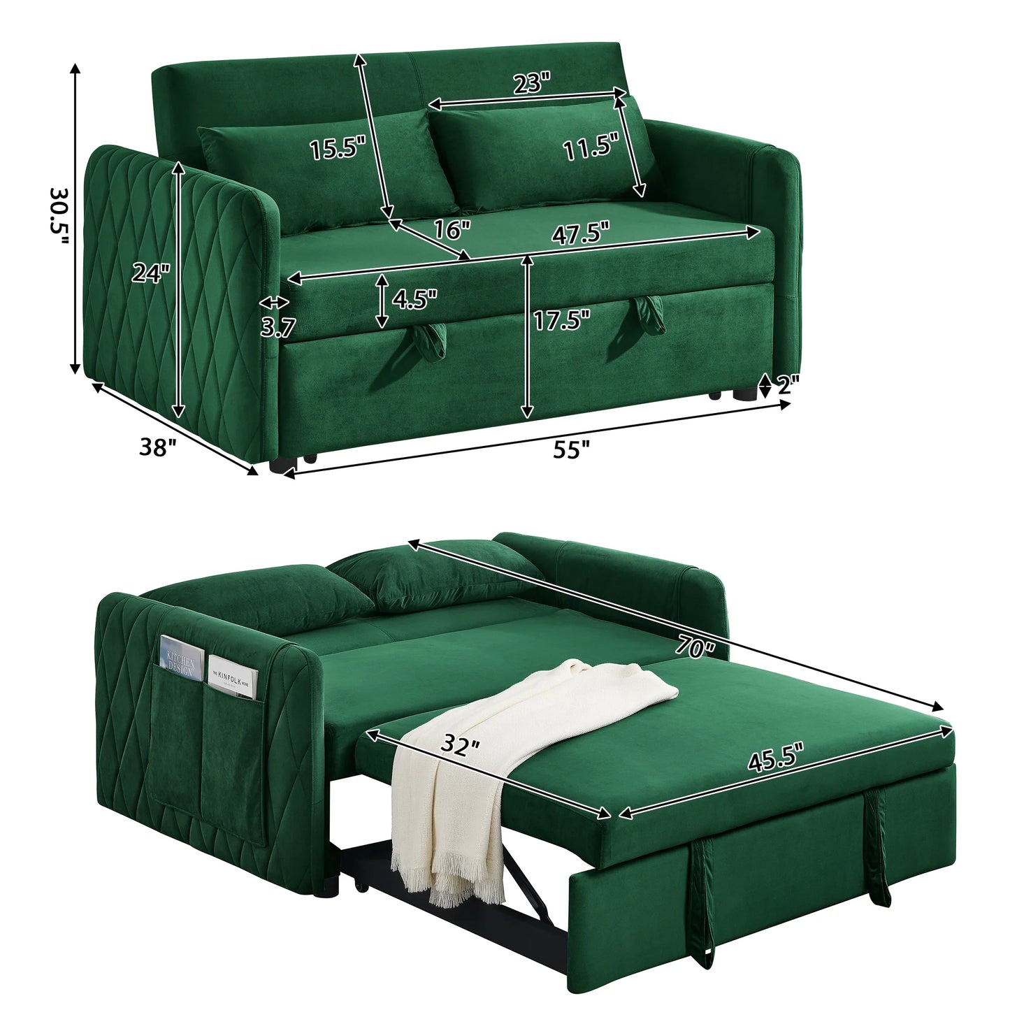 Convertible Sofa Bed,3 in 1 Sleeper Sofa with 2 Pillows and Adjustable Backrest for Living Room Office,Black