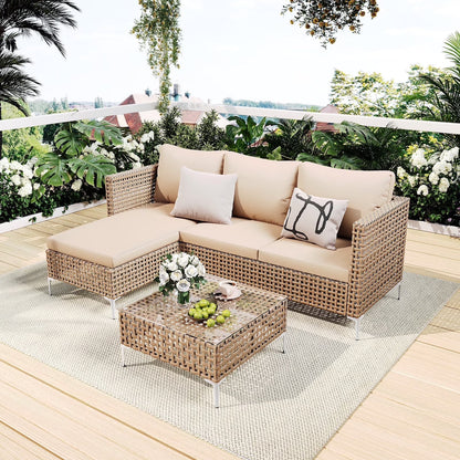 3 Piece Patio Furniture Set with Chaise Longue & Coffee Table, Outdoor Wicker Conversation Set for Patio, Porch, Backyard - All-Weather Yellow/Beige Cushions (Waterproof & Fade-Resistant)