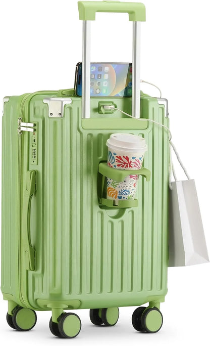 20 Inch Carry On Luggage With Cup Holder & USB Port, Airline Approved TSA-locked Luggage, Lightweight PC Material Travel Suitcase With 360�� Spinner Wheel