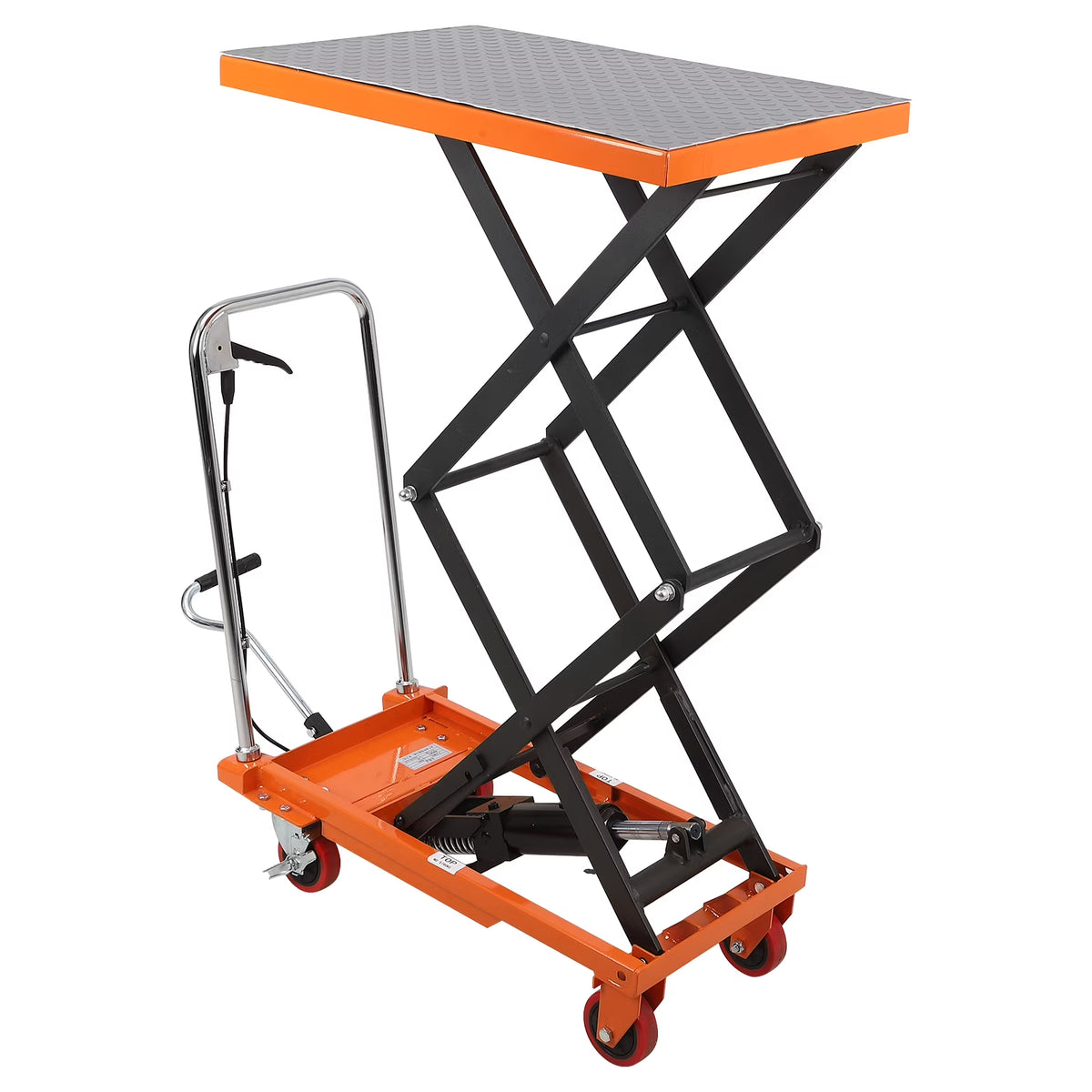 Hydraulic Lift Table Cart - 770 lbs Capacity, Adjustable Up to 59" Lifting Height, Manual Double Scissor Lift Table with 4 Wheels & 3mm Non-Slip Pads for Safe Material Handling & Transport, Orange