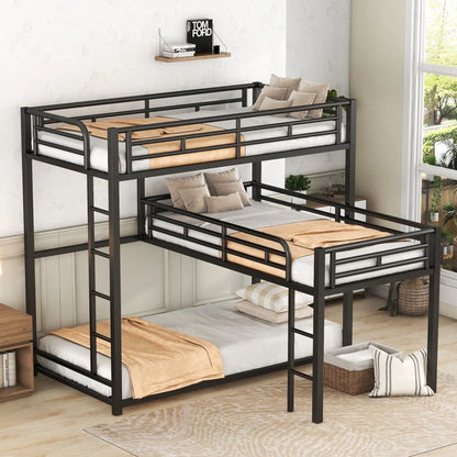 L Shaped Triple Bunk Bed for 3, Metal Triple Twin Size Bunk Beds Frame with Integrated ladder and Full-length Guardrails, Corner Triple Bunk Beds for Kids,Teens and Adults, Black