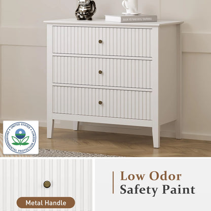 May Color Large White 3 Drawer Dresser Set of 2 with Fluted Panel, Modern Chest of Drawers with Silent Slide Drawers, Wood Accent Nightstand with Storage for Bedroom Living Room, Hallway