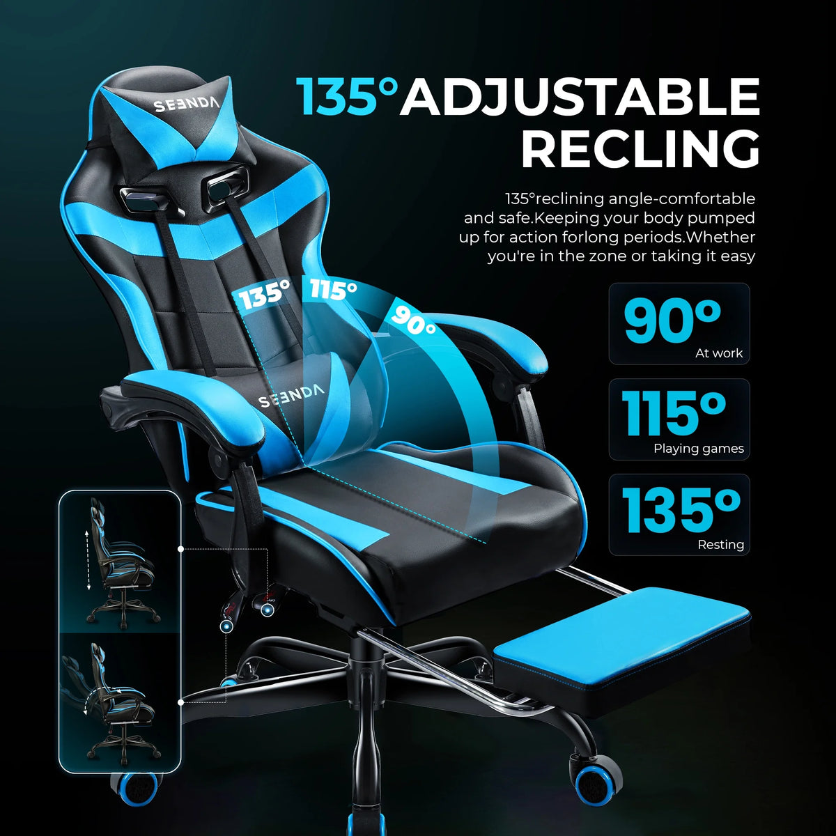 Gaming Chair, Seenda Video Game Chair with Footrest and Lumbar Support, Ergonomic Computer Chair Height Adjustable with Swivel Seat and Headrest, Red