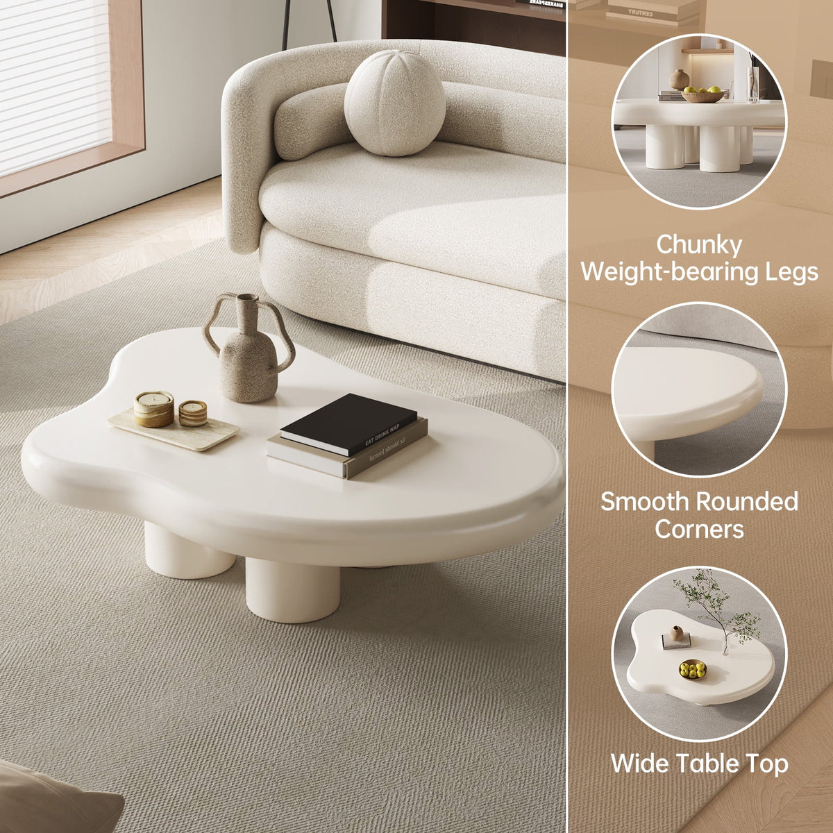 Guyii Cream White Coffee Table with 4 Legs, Irregular Side Table, Modern Wood Tea Table for Living Room, Apartment, Office