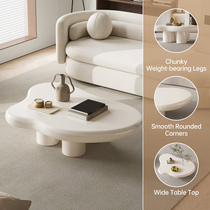 Guyii Cream White Coffee Table with 4 Legs, Irregular Side Table, Modern Wood Tea Table for Living Room, Apartment, Office