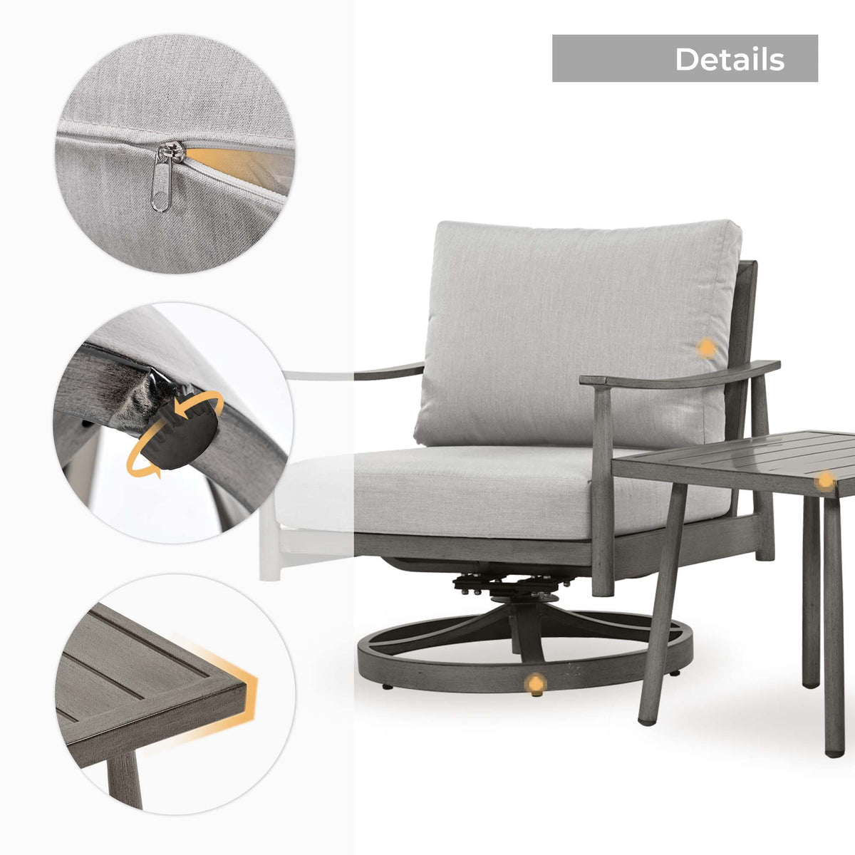 HAPPATIO Aluminum Outdoor Furniture Set - 5 Pieces Patio Furniture Set Includes 1 Side Table, 2 Swivel Chairs and 2 Ottomans with Thick Cushion, Patio Conversation Set for Backyard Poolside (Grey)