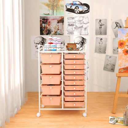 Costway 15 Drawer Rolling Storage Cart Tools Scrapbook Paper Office School Organizer White