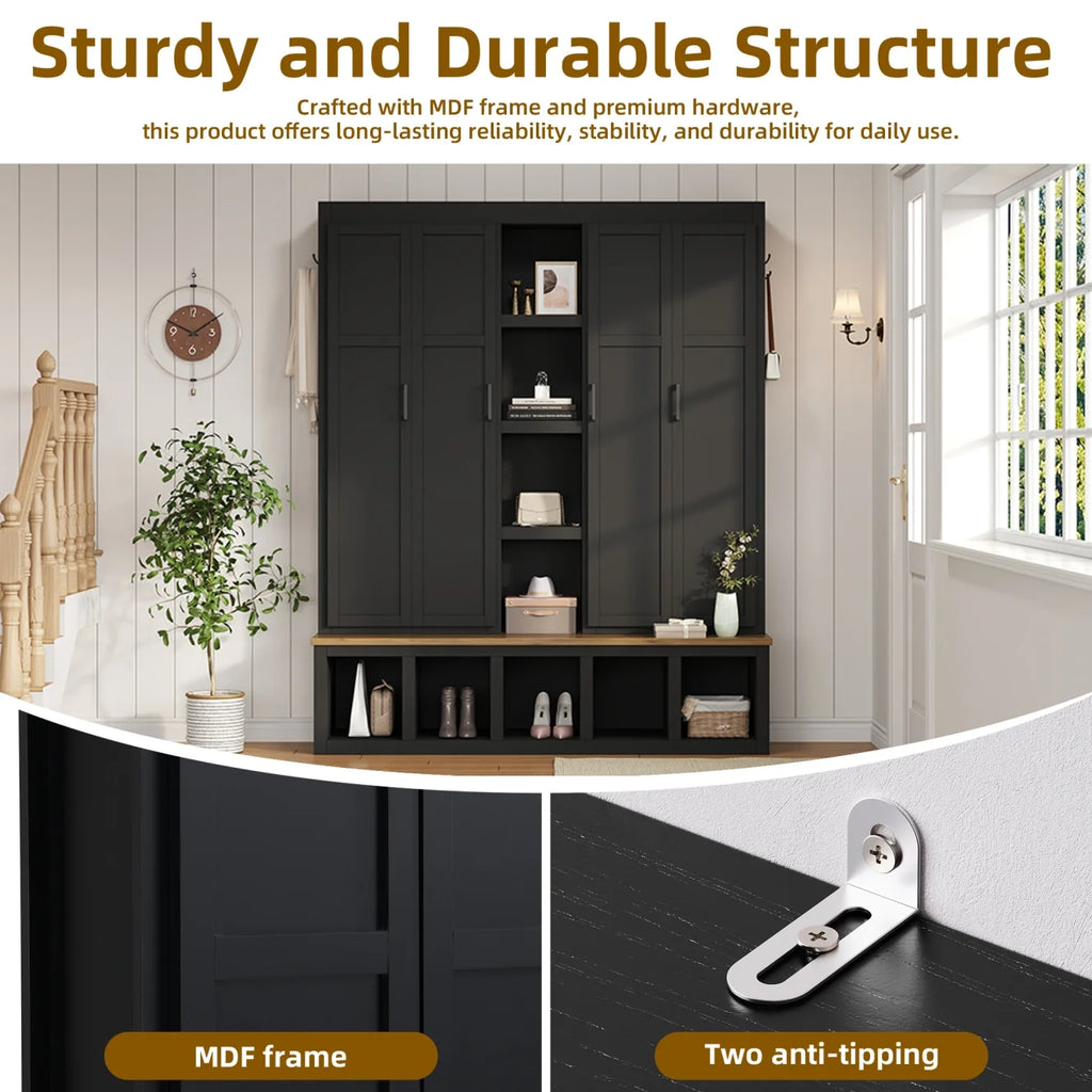 63" Farmhouse Hall Tree with Bench and Shoe Storage, 4-in-1 Entryway Bench with 4 Storage Cabinets, 5 Shoe Cabinets and 6 Hanging Hooks, Black