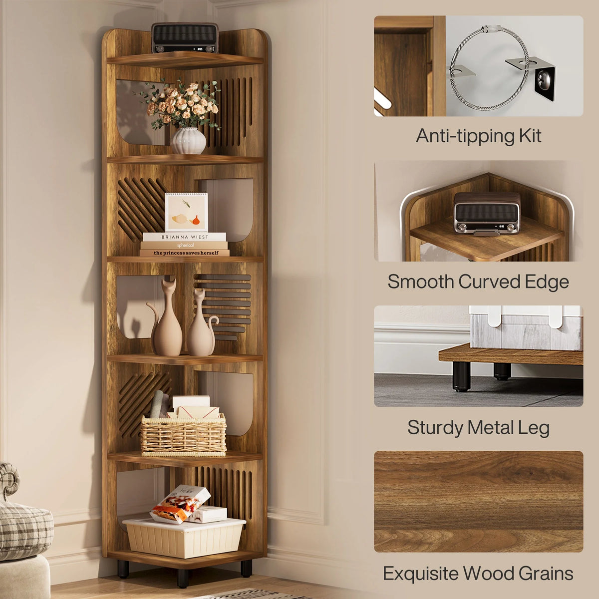 Fnova 71" 6-Tier Tall Corner Bookshelf, Rustic Wooden Narrow Corner Bookcase with Artistic Square Rack, Freestanding Display Storage Shelf for Space-Saving Home Organizing