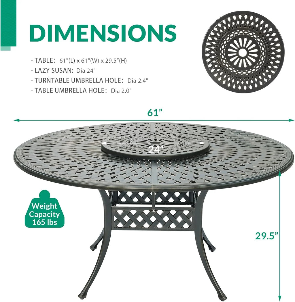 VIVIJASON Outdoor 61" Patio Dining Table for 6-8 Person, Large Patio Round Dining Table with 24" Lazy Susan, Dark Bronze Cast Aluminum Rustic Patio Table W/Umbrella Hole for Balcony, Porch and Deck