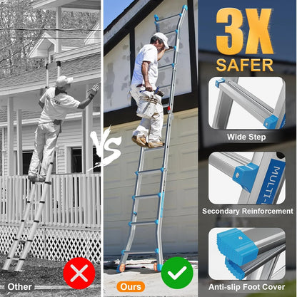LUISLADDERS Ladder, A Frame 6 Step Ladder Telescoping Ladder, 22 Ft Reach Height Muti Position Folding Ladder Flared Leg & Wheels Design, 330 lbs Capacity Extension Ladder for Household Outdoor Work