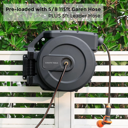 Giraffe Tools Retractable Garden Hose Reel with 1/2in-100ft Water Hose, Plastic Bracket, Wall Mounted, Dark Grey