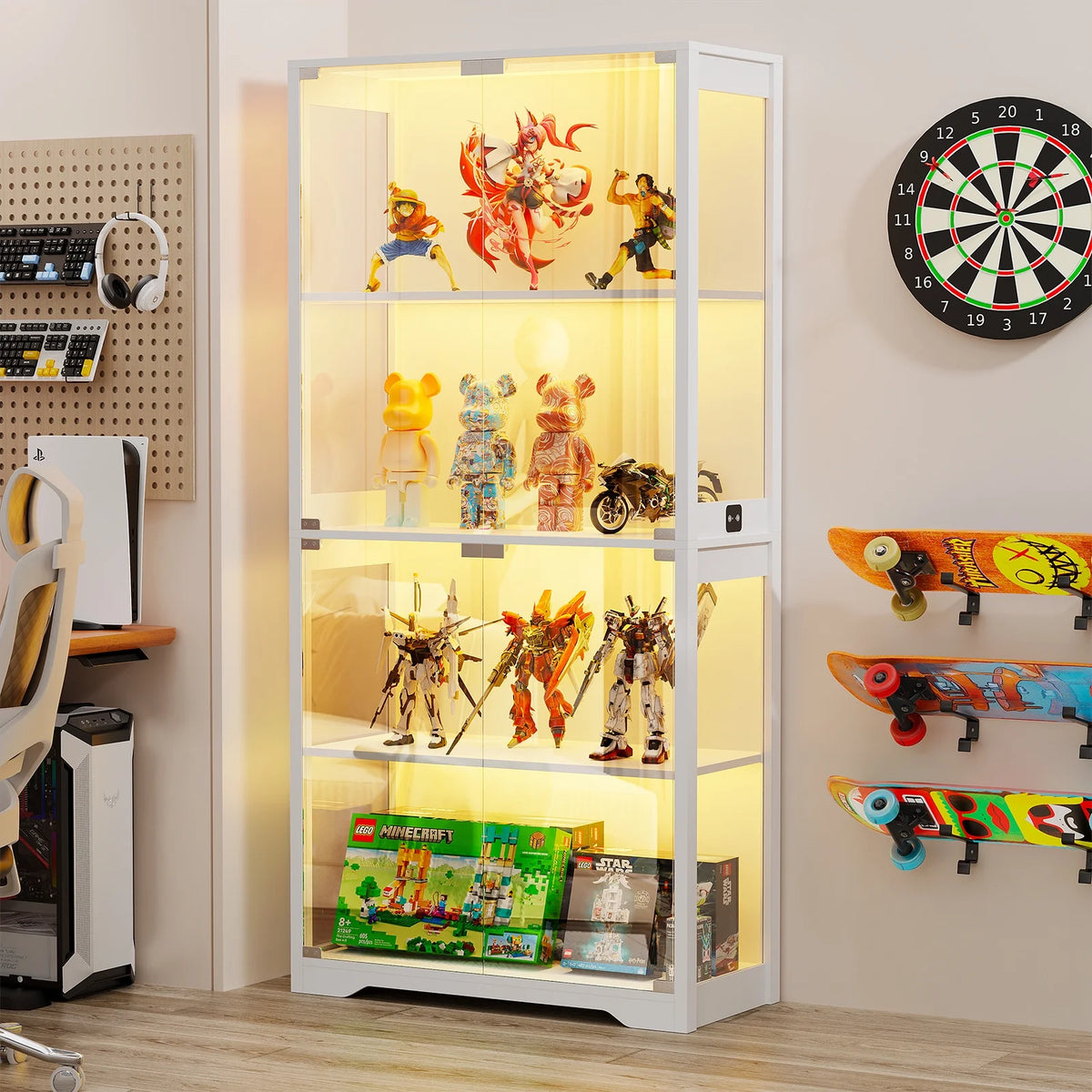 MIIFUNY Display Cabinet with Glass Doors 4 Tier Curio Cabinet & Bookshelf with LED, White