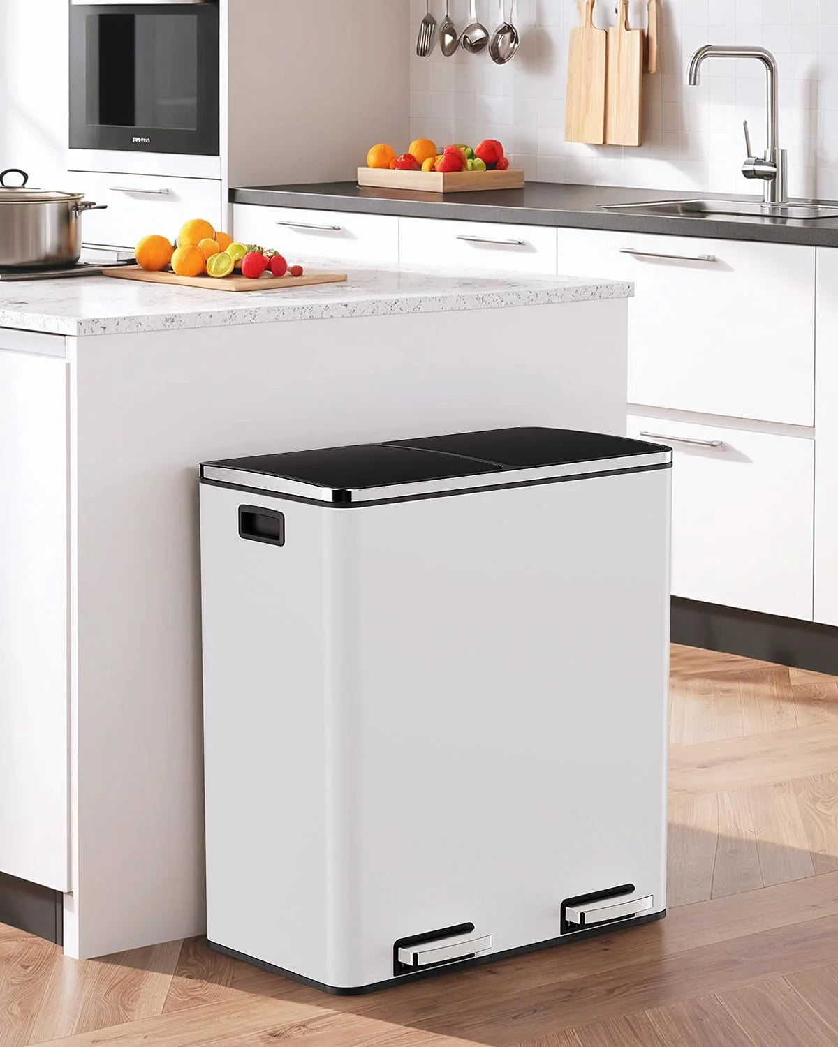 LAZY BUDDY Dual Garbage Can, Stainless Steel 16 Gallon Step Kitchen Trash Can with Soft-Close Lid, Double Compartment Garbage Recycling Bin