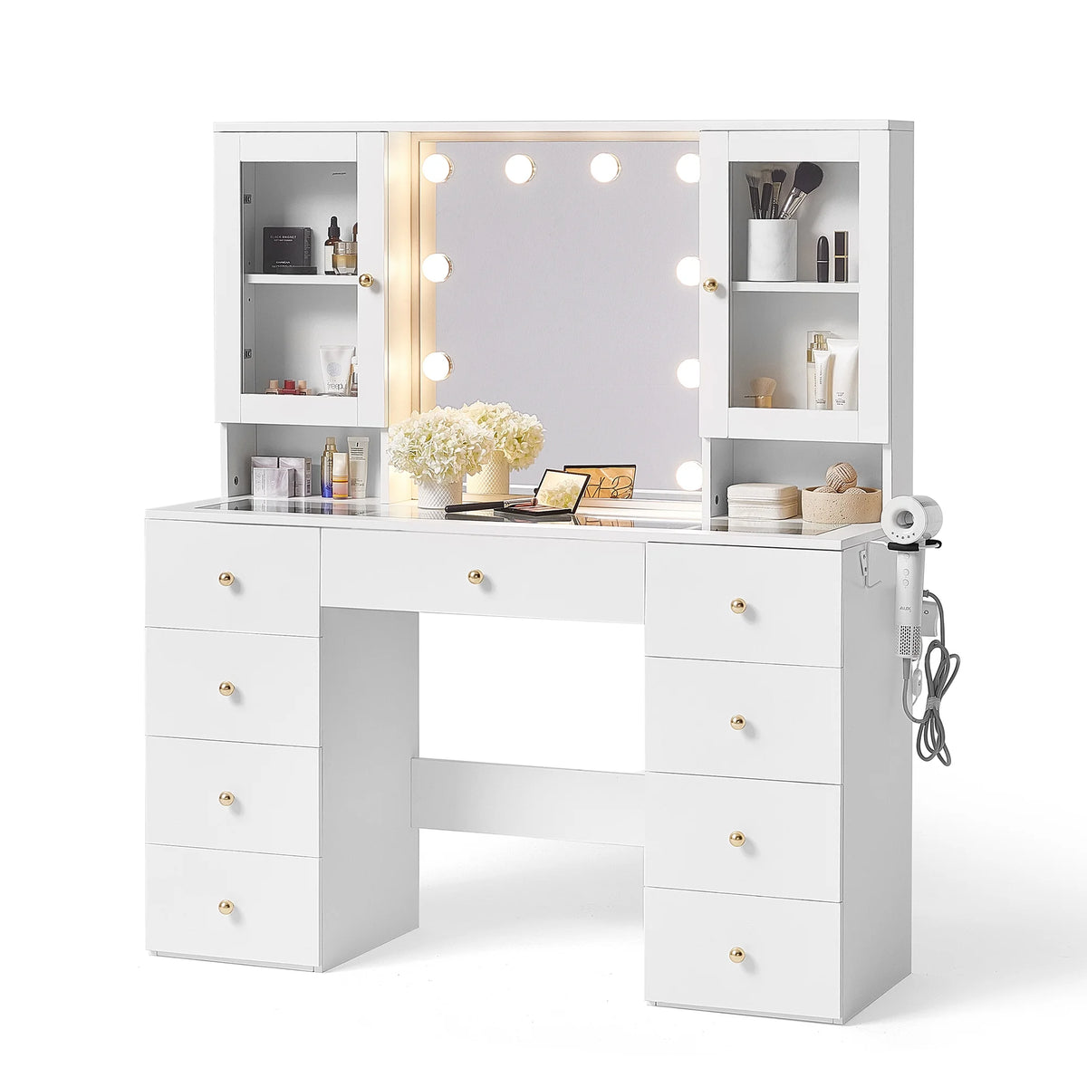 Linsy Home Large 47.2" Makeup Vanity With Mirror And 11 Lights, Glass Top Vanity Desk with 9 Drawers & 2 Adjustable Cabinets, Dressing Table with Charging Station & Hair Dryer Rack For Bedroom, White