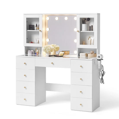 Linsy Home Large 47.2" Makeup Vanity With Mirror And 11 Lights, Glass Top Vanity Desk with 9 Drawers & 2 Adjustable Cabinets, Dressing Table with Charging Station & Hair Dryer Rack For Bedroom, White