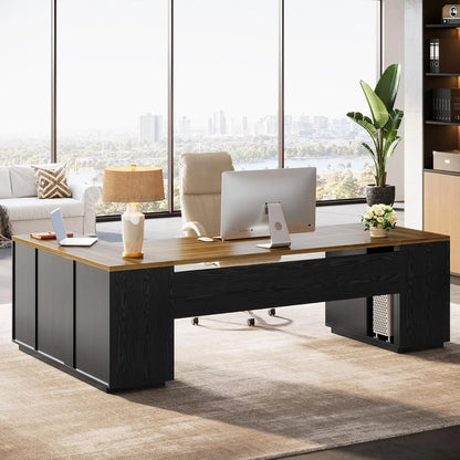 Tribesigns 85.8" L-Shaped Executive Desk, Extra Large Office Desk with File Drawers, Modern Business Furniture with Door Cabinet, Shelves for Home Office, White & Brown