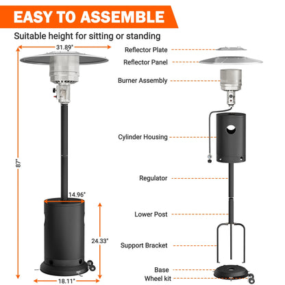 Patio Heater for Outdoor Use, 50,000BTU Propane Heater with Wheels and Adjustable Thermostat, Heavy Duty Stainless Steel Patio Heater, Freestanding Heater for Backyard, Deck, Garden, Silver