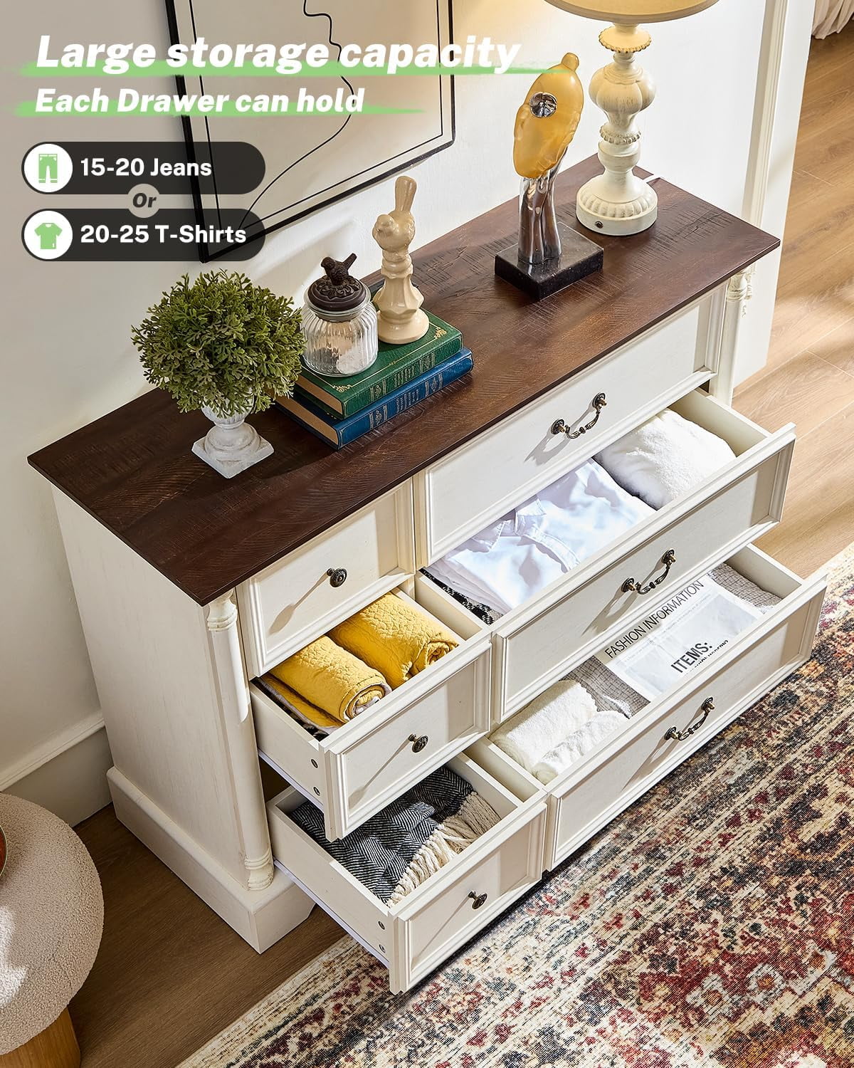 ZBOM 9 Drawer Dresser, 54 Inch Wide Farmhouse Style Chest of Drawers with Charging Station, Distressed Finish Design, Modern Storage Dresser Organizer TV Stand for Bedroom, Living Room