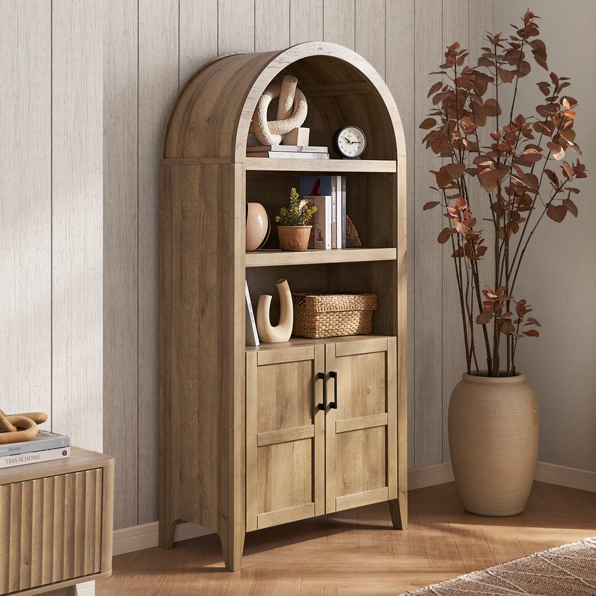 mopio Lauren 65.4" Arched Cabinet, 5-Tier Arched Bookcase with Doors and Shelves, Arched Bookshelf with Storage, Kitchen Pantry Cabinet, Wooden Storage Cabinet for Living Room, Kitchen (Oak)